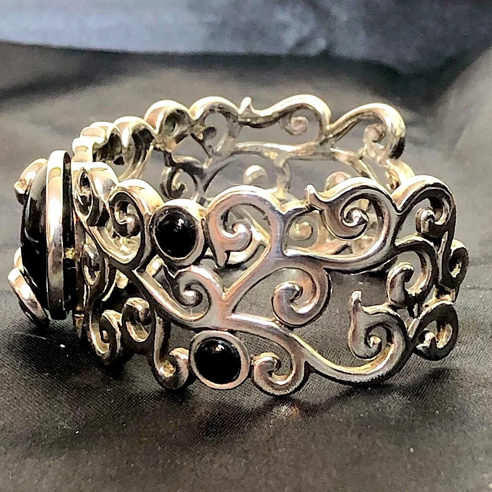 BARSE Black Onyx Cabochon Sterling Silver Scroll Filigree Cuff Bracelet MINT